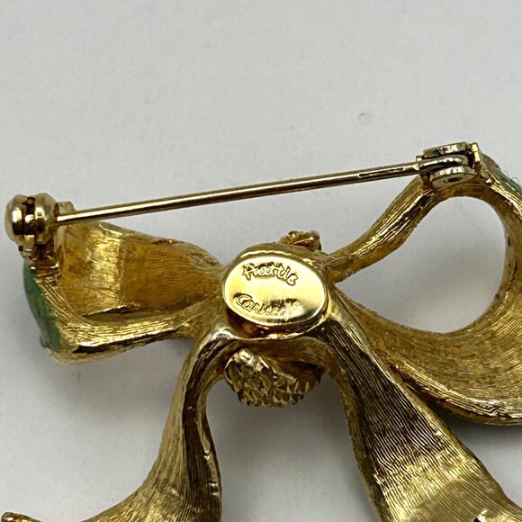 Hattie Carnegie Bow Green Enamel Ribbon Brooch Gold Tone Signed 1950s Vintage - Picture 10 of 12